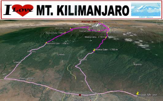 Kili-Gesamtroute incl. Fahrstrecken
