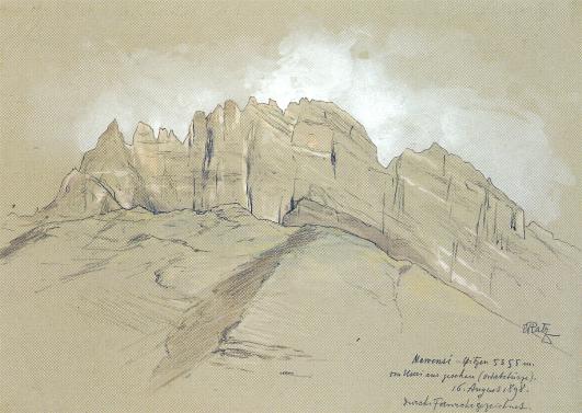 Datei:Mawensi-Spitzen 5355m von Useri aus (Ostabstürze) durchs Fernrohr gezeichnet 1898.jpg